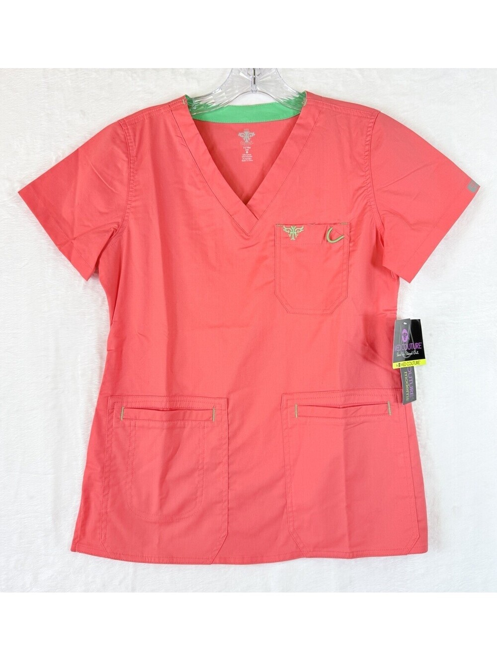 Med Couture Insight Scrub Top XS Women V Neck Short Sleeve Coral Pink New NWT